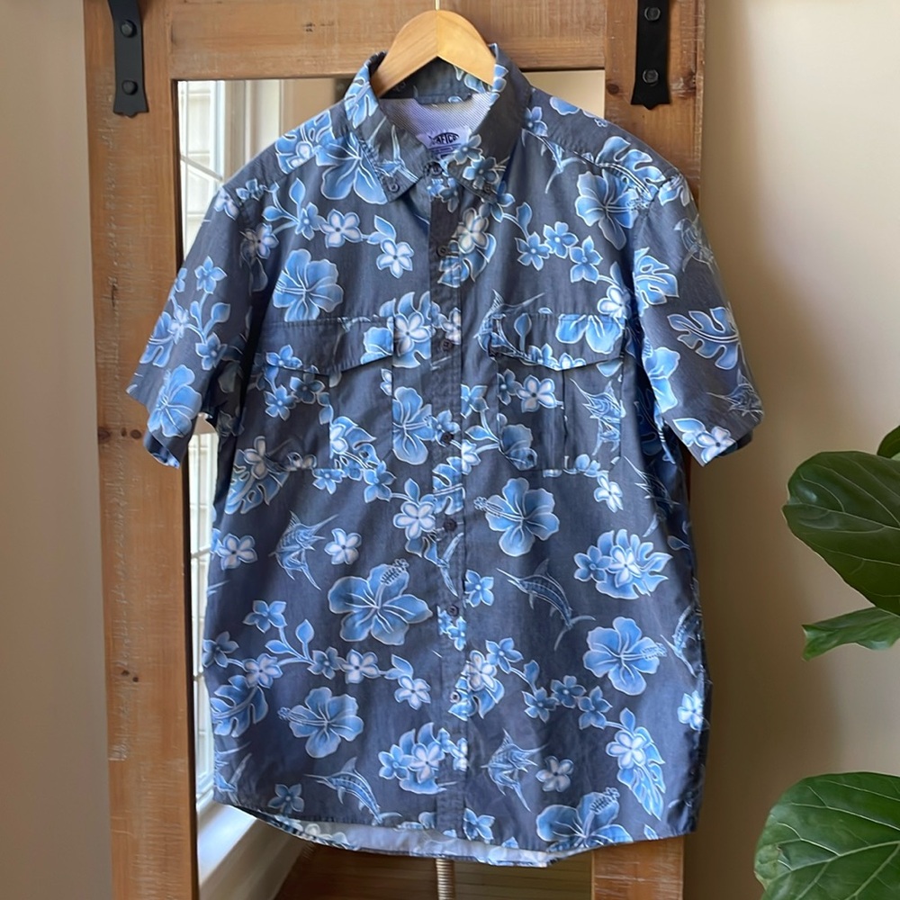 AFTCO Hawaiian Print Fishing Short Sleeve Shirt Size M